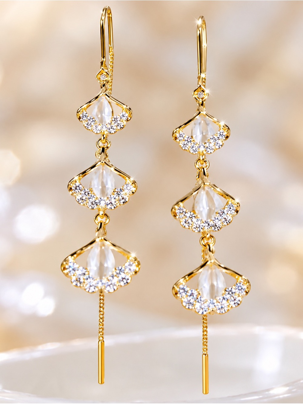 Gold Crystal Drop Dangle Earrings - Elegant Three-Tier Design